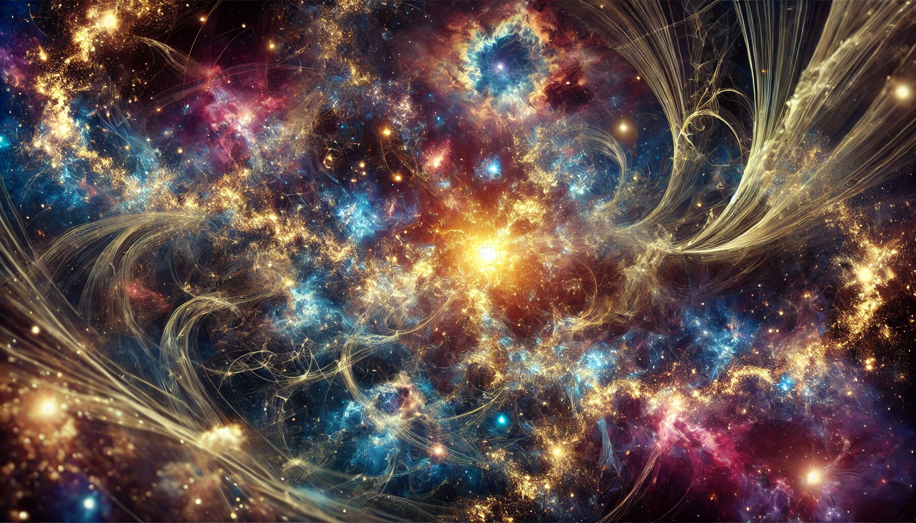 A breathtaking cosmic multiverse scene showcasing the beauty of chaos and creation. Swirling galaxies and interwoven cosmic threads form a vast, interconnected expanse of luminous worlds. Ethereal nebulae glow in deep purples, blues, and blacks, while shimmering golden aetheric currents weave through the celestial rifts. The image evokes the harmony within disorder, depicting the boundless creativity of an ever-expanding cosmos where realities converge and diverge in an endless dance of energy and light.